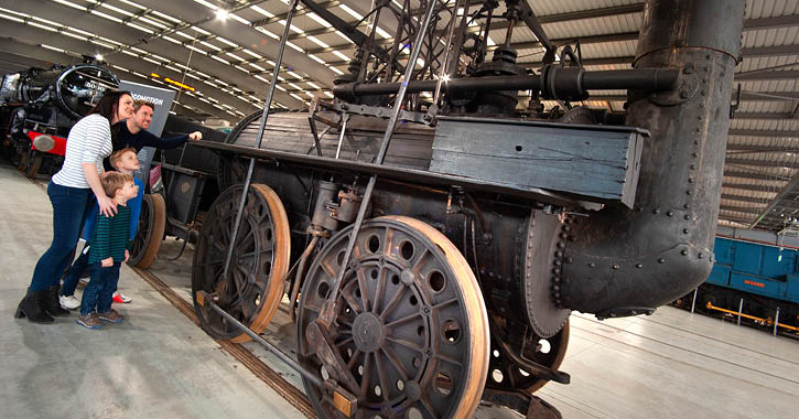 family stood admiring Locomotion one engine at Locomotion railway museum